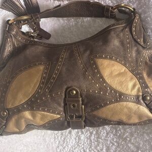 Isabella Fiore shoulder bag leather olive green with brass studs zip closure